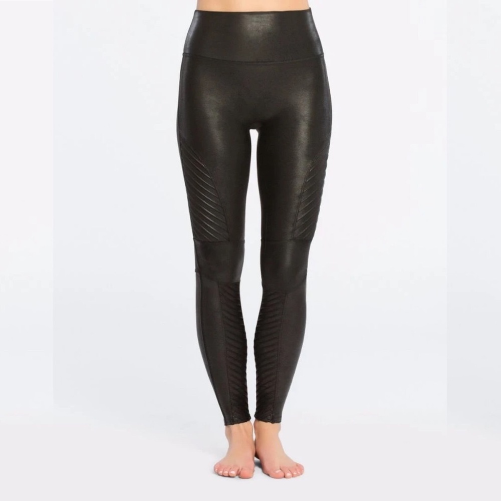 SPANX Faux Leather Moto Leggings Black Shine M